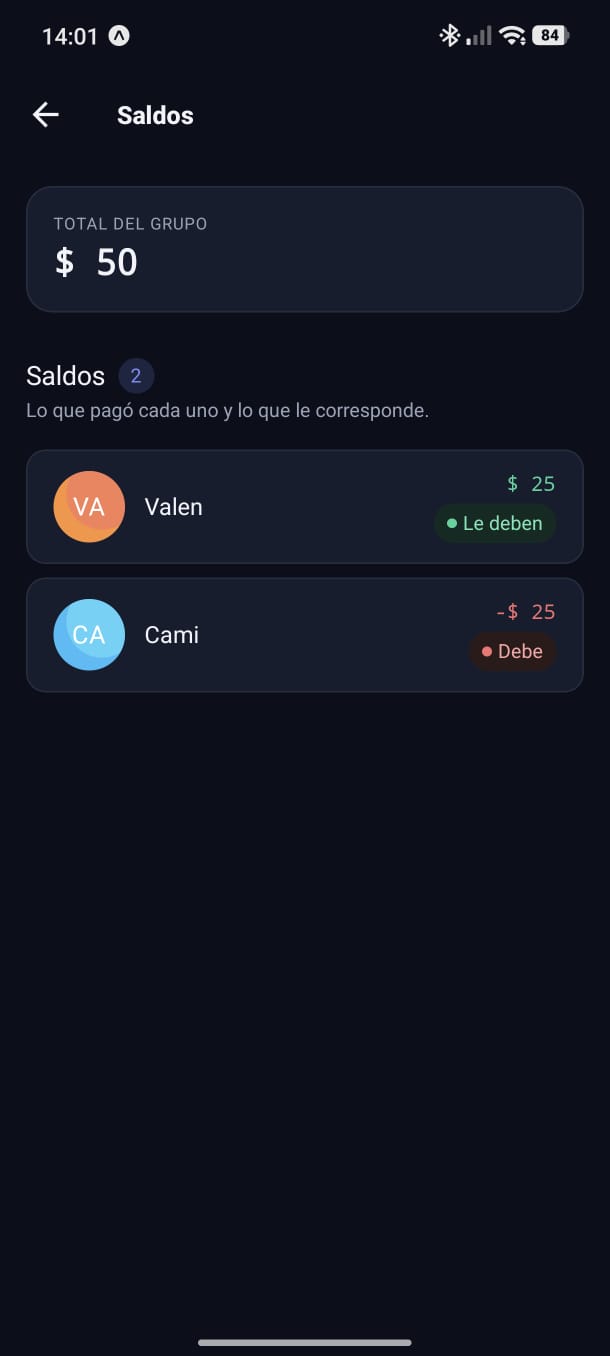 Pantalla de saldos del grupo